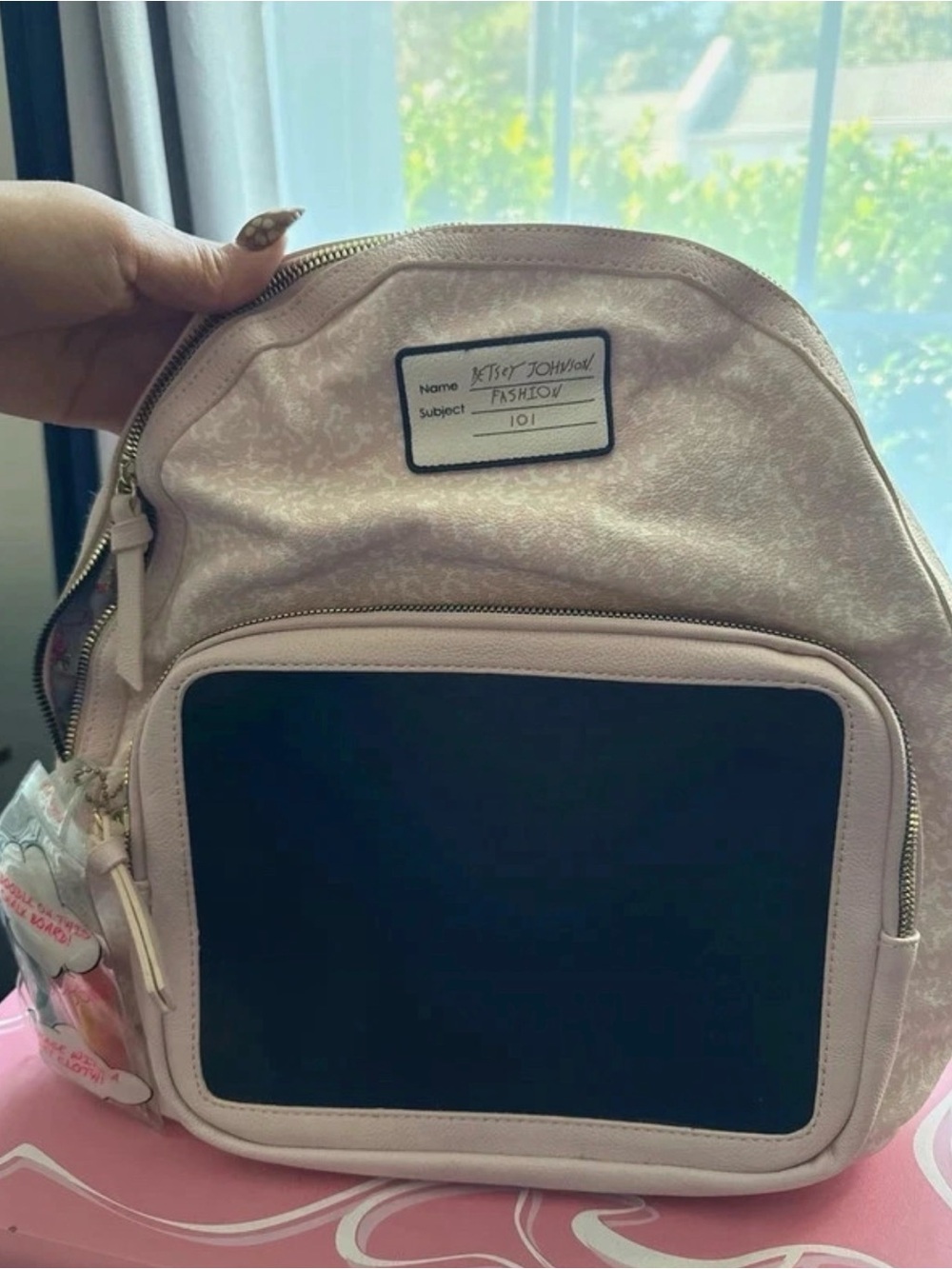 Betsey Johnson Light Pink Mini Backpack with Black Front Pocket